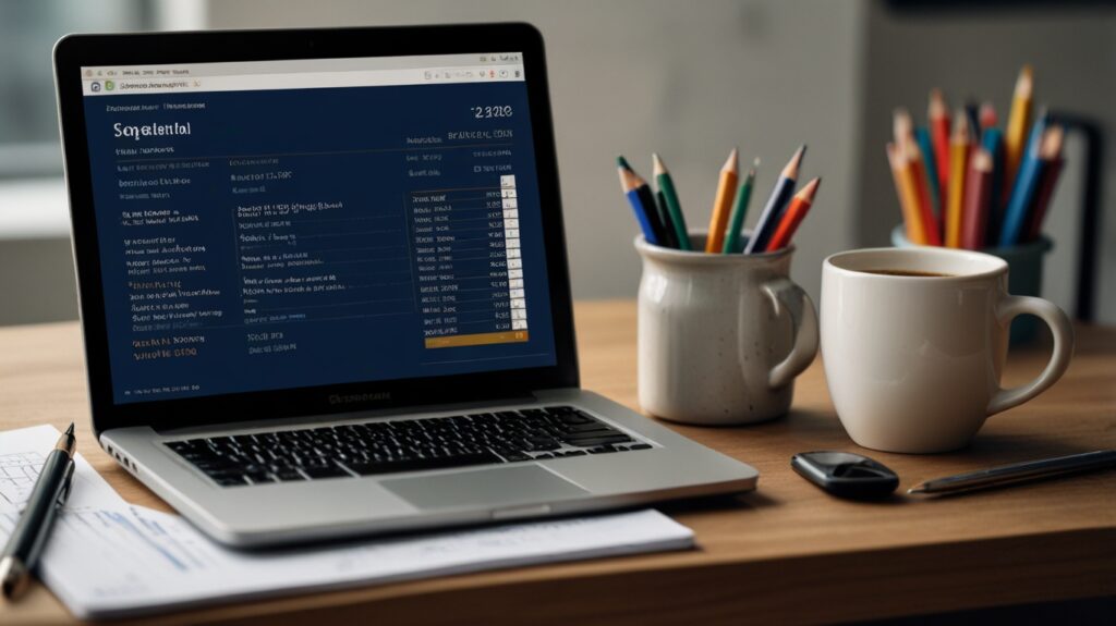 "Close-up of a small business budget spreadsheet on a laptop, notebook with expense pie chart, calculator, and coffee mug in a minimalist workspace."