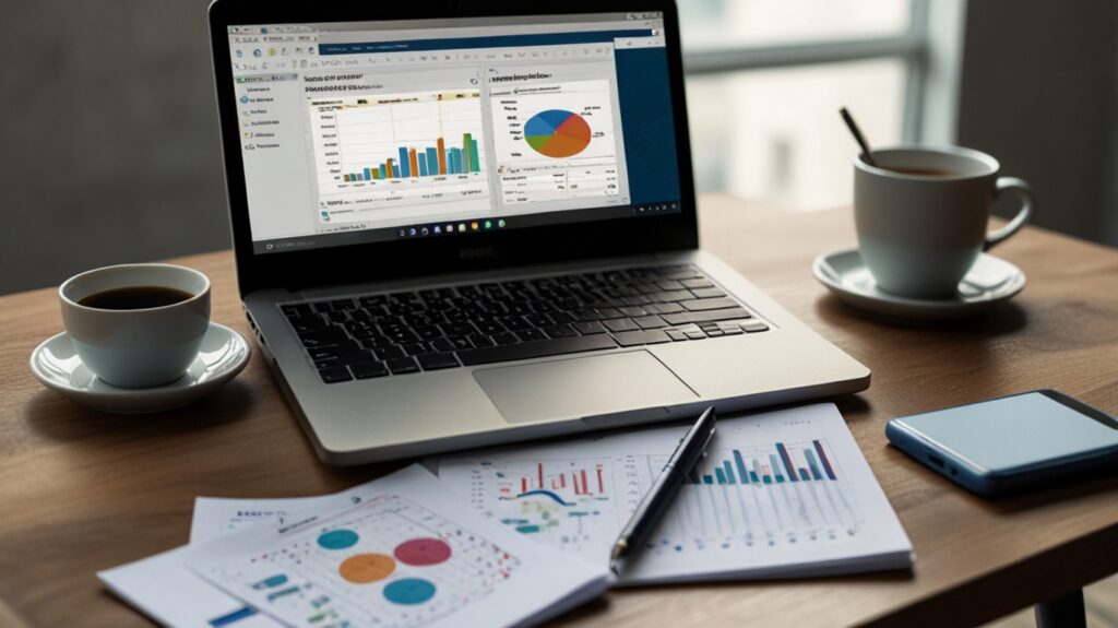 Workspace with AI budgeting tools: laptop showing a spreadsheet, smartphone with app, and financial charts for small businesses."