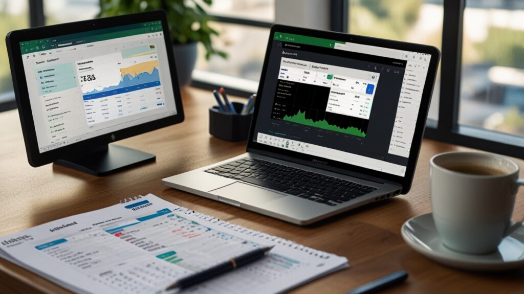 "Budgeting tools for small businesses: laptop showing QuickBooks dashboard, budget template, and expense tracker apps, with smartphone and notebook listing resources."